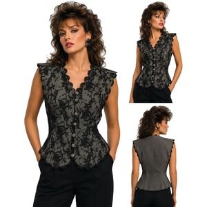 Vintage Jan Barboglio Women Vest Lace Overlay Black White Scalloped Top Size 10